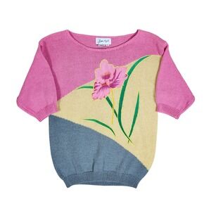 Vintage Jaymee Papell Floral Colorblock Short Sleeve Knit Sweater‎ Top M Korea